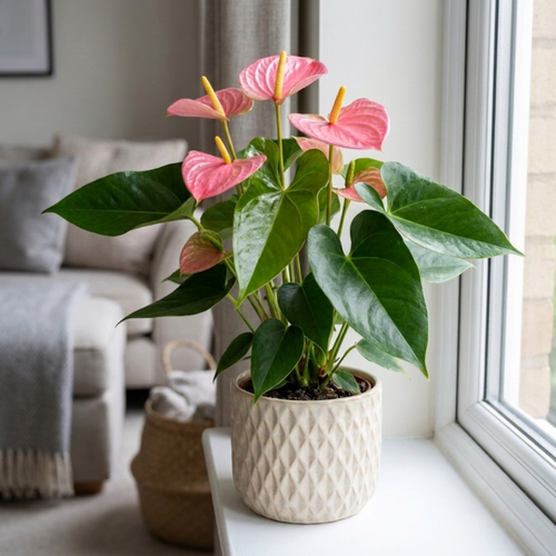 1 Anthurium Pink Flamingo Lily, Tropical Indoor Flowering Houseplant, Easy Care, 17cm Root Ball