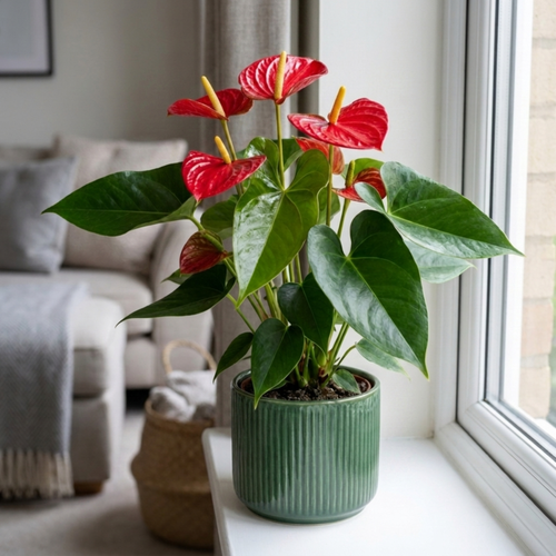 1 Anthurium Red Flamingo Flower, Live Exotic Tropical Flowering Houseplant, 17cm Root-Ball