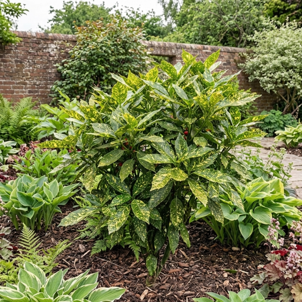 1 Aucuba Japonica Crotonifolia Gold Dust Spotted Laurel, Hardy Evergreen Shade Shrub, 7.5L Root-Ball