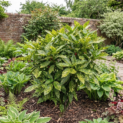 1 Aucuba Japonica Crotonifolia Gold Dust Spotted Laurel, Hardy Evergreen Shade Shrub, 7.5L Root-Ball